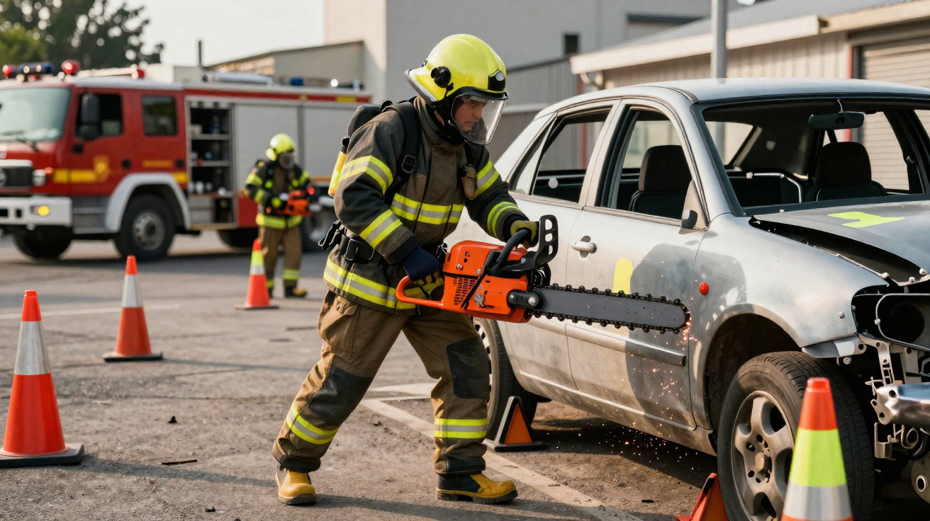 Feuerwehrmann mit Schutzhelm schneidet mit Kettensäge beschädigtes Auto in gesperrtem Bereich.