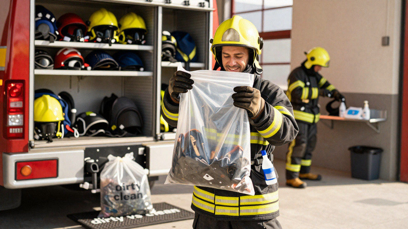 Feuerwehrmann hält Plastiksack mit Ausrüstung vor einem Löschfahrzeug mit Helmen in einer Feuerwache.