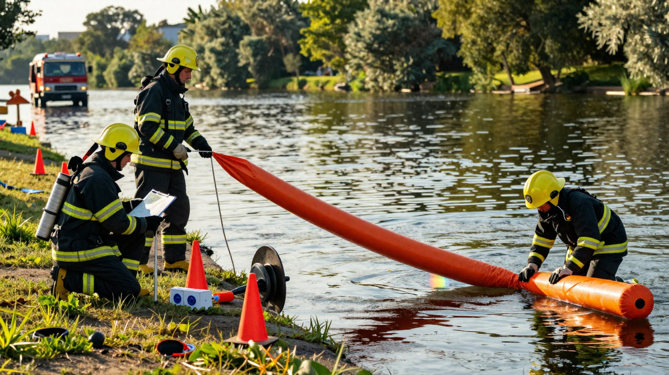 Feuerwehrleute legen am Seeufer eine orangefarbene Ölsperre ins Wasser zur Umweltrettung.