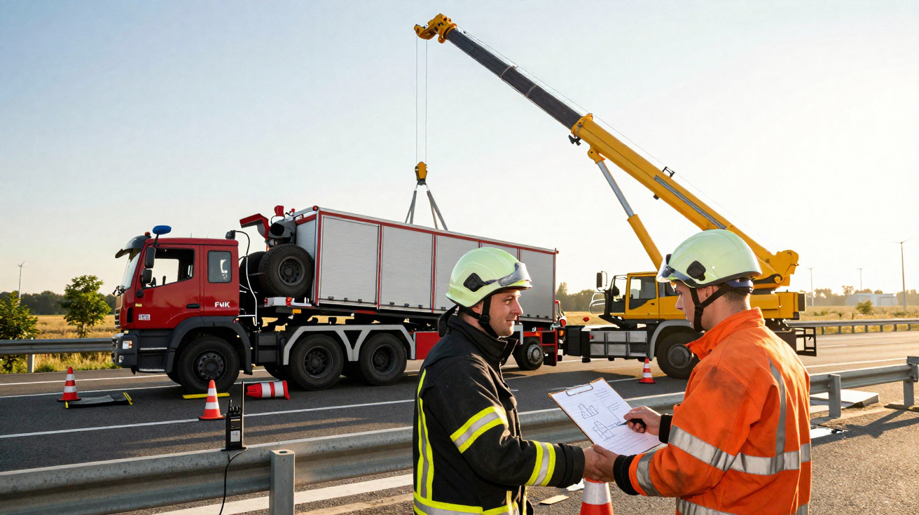 Zwei Einsatzkräfte mit Helm besprechen sich vor Kran und Lastwagen auf Autobahn bei klarem Himmel.