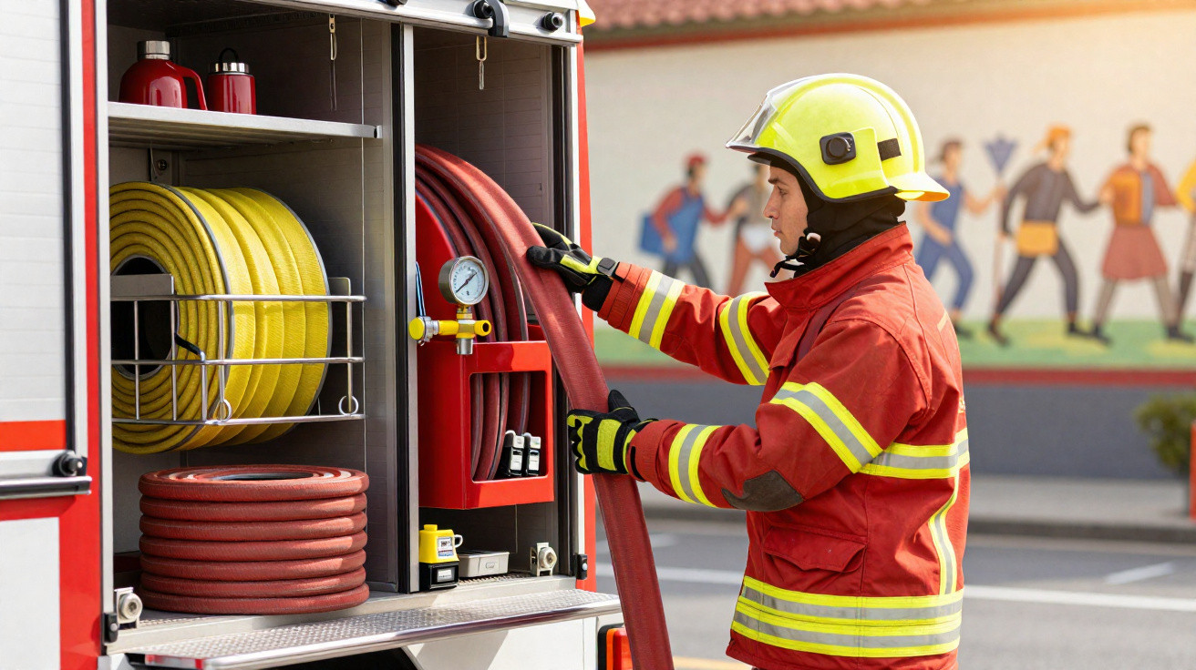 Feuerwehrmann in Schutzkleidung holt Schlauch aus dem Feuerwehrauto bei Tageslicht.