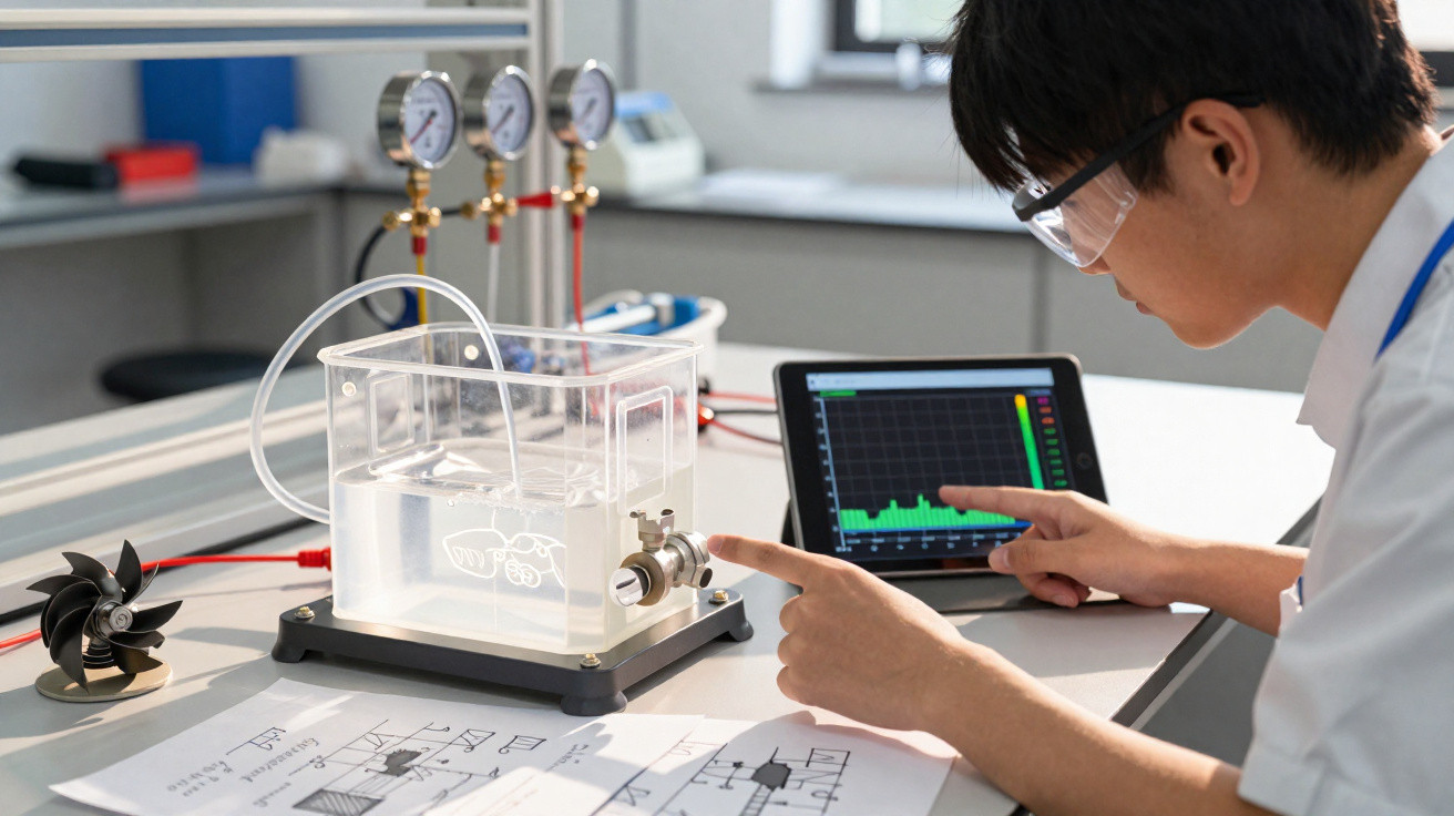 Junger Mann führt Fluidmechanik-Experiment mit Durchflussmessung und Tablet in modernem Labor durch.