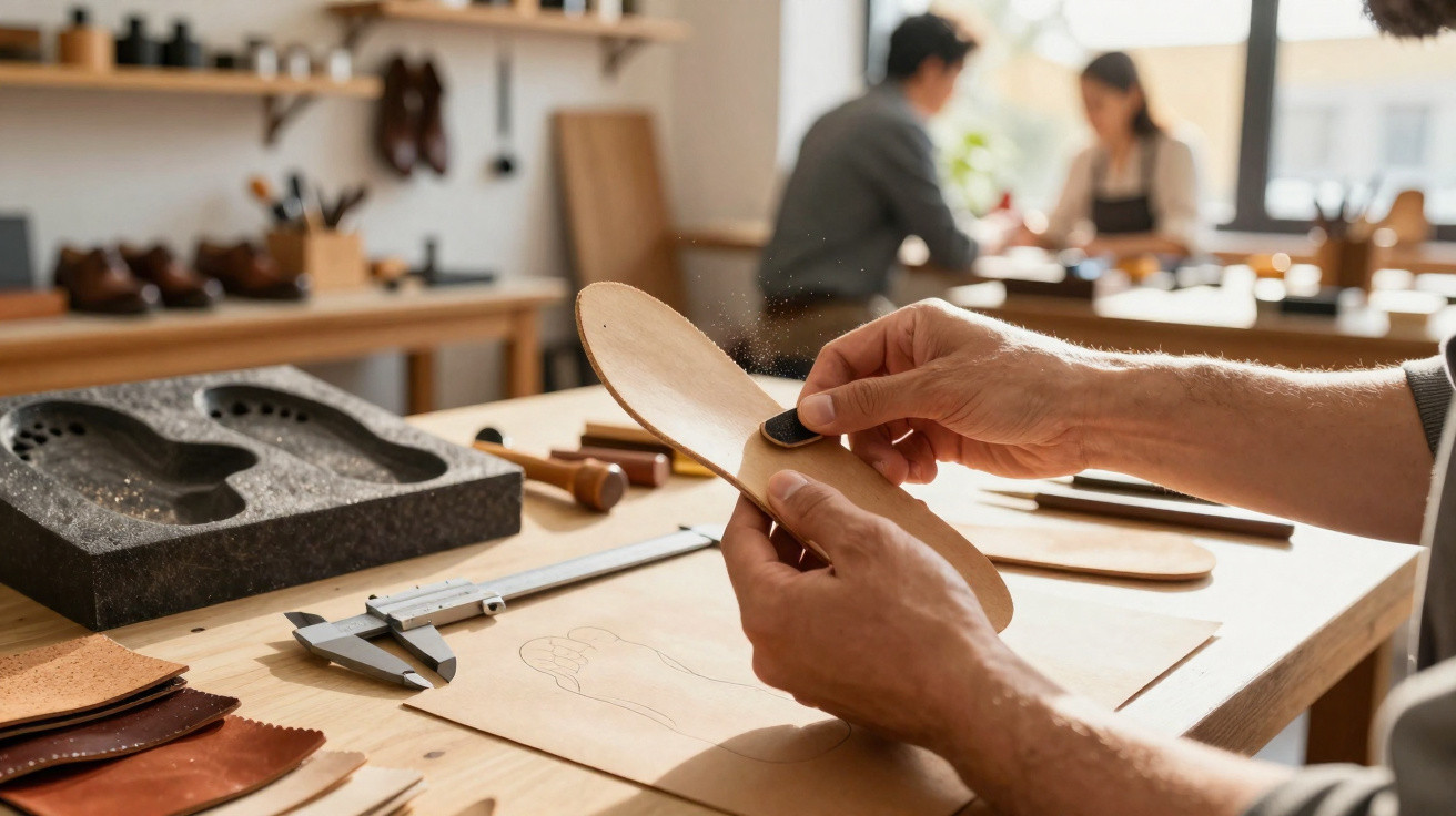 Handwerker hält Schuhsohle, Werkstatt mit Werkzeug und zeichneter Fussform im Vordergrund, Personen im Hintergrund.