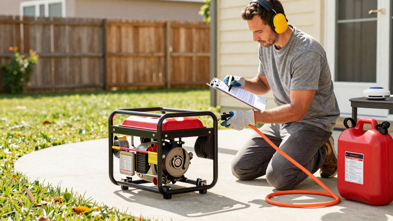 Mann überprüft mobilen Generator mit Schutzkopfhörern und Klemme, sitzt auf dem Boden im Garten neben Benzinkanister.