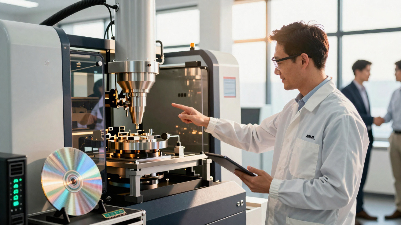 Techniker im weissen Kittel bedient Hightech-Maschine in hellem Labor, im Hintergrund zwei Personen im Gespräch.