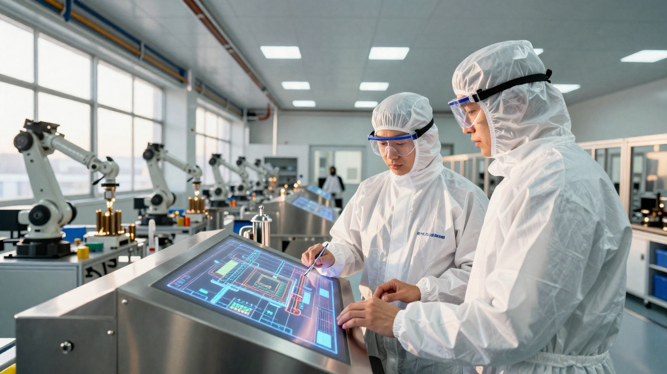 Zwei Forschende in Schutzanzügen bedienen ein Touchscreen-Display in einem automatisierten Labor mit Robotern.