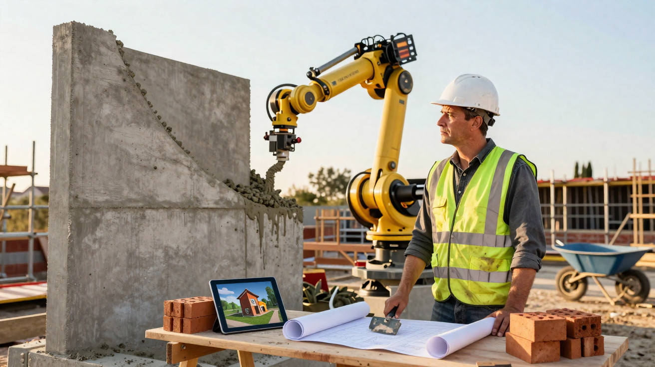 Baustellenarbeiter mit Helm und Warnweste plant neben Baumaschinen und Betonwand bei Sonnenuntergang.