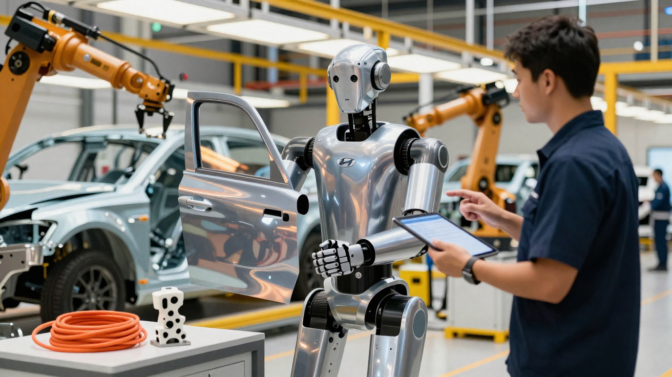 Roboter und Techniker prüfen Tür eines Autos im modernen Autowerk mit Industrierobotern im Hintergrund.