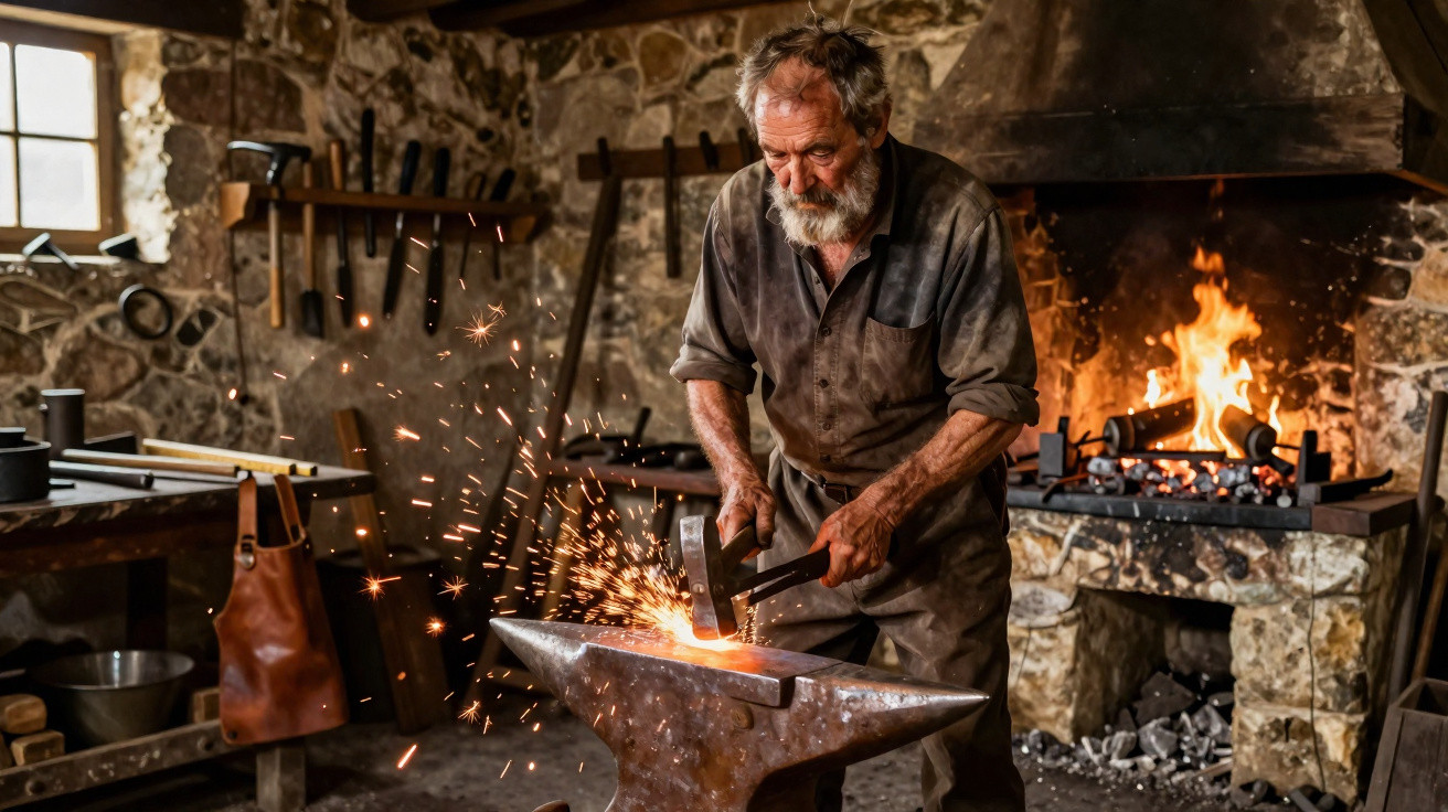 Ein älterer Schmied arbeitet mit Hammer und glühendem Metall in einer traditionellen Schmiede mit offenem Feuer.