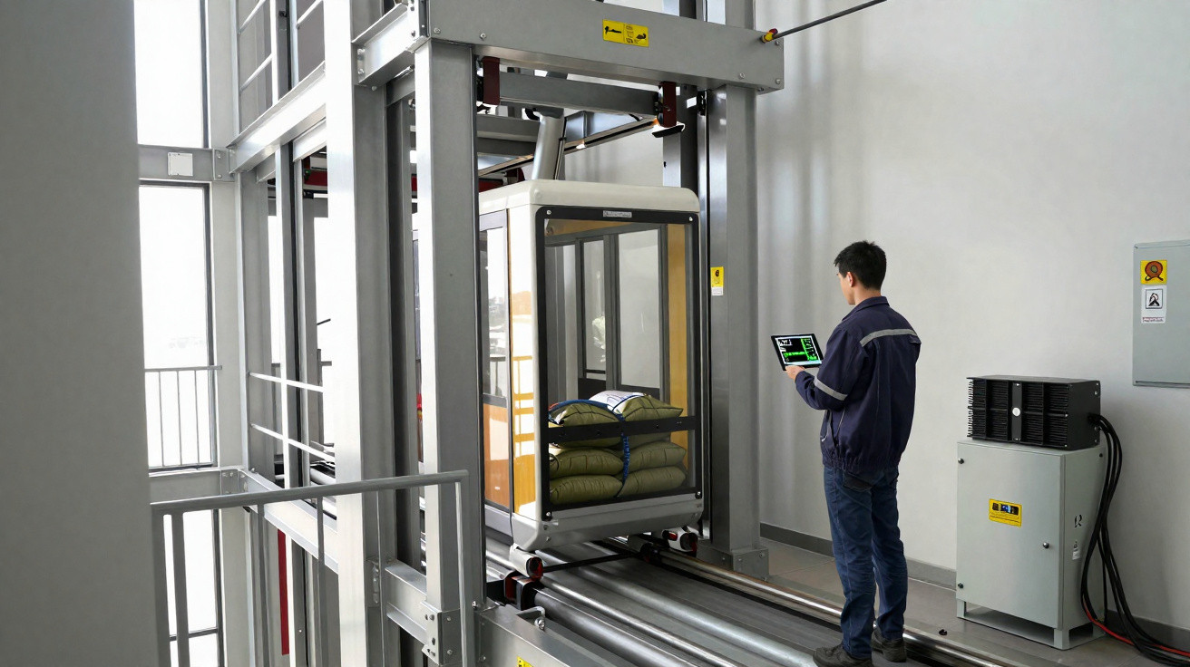 Mann steuert Güteraufzug mit Tablet, Aufzugskabine mit mehreren Säcken, moderne Industrieumgebung.