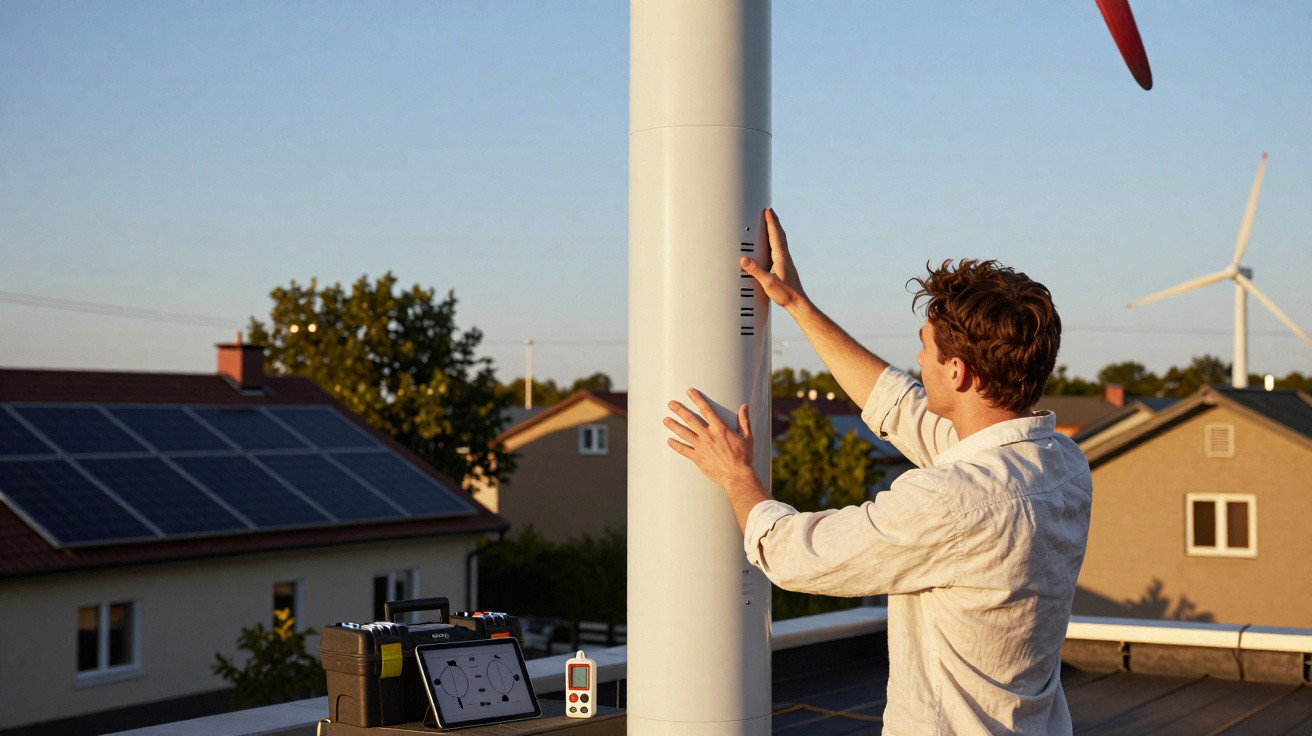 Mann überprüft Windturbine auf Dach, Solarpanels und weitere Windturbinen im Hintergrund bei Sonnenuntergang.