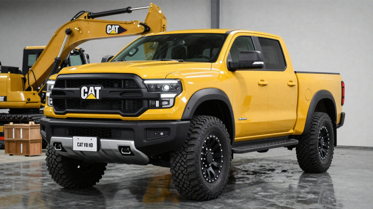 Gelber CAT V8 HD Pickup Truck vor Baustellenbaggern in Halle.