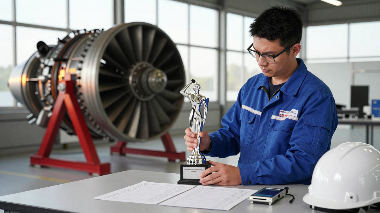 Techniker in blauem Overall hält Trophäe vor Triebwerk in Werkstatt mit Helm und Unterlagen auf Tisch.