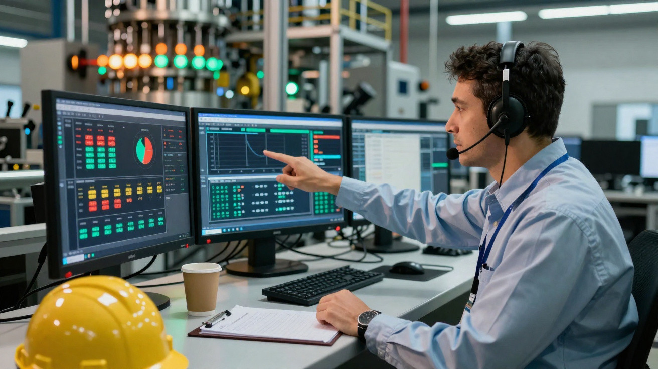 Mann mit Headset analysiert Produktionsdaten an drei Bildschirmen in moderner Fabriksteuerung.
