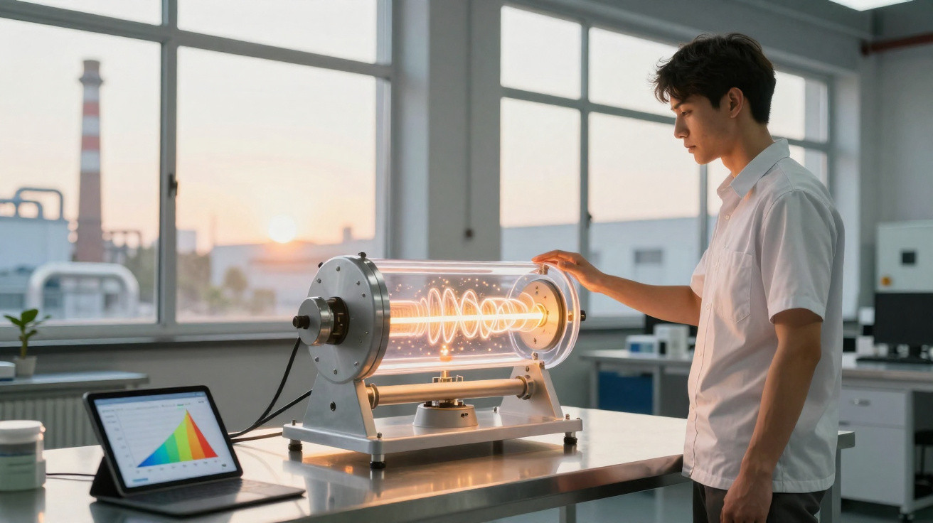 Junger Mann in Labor mit futuristischem, leuchtendem Rohr und Tablet mit Diagramm auf Tisch bei Sonnenuntergang.
