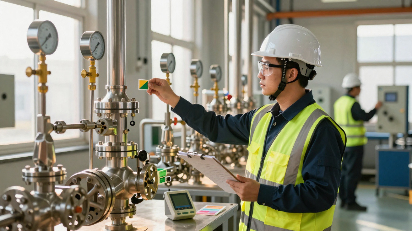 Ingenieur mit Schutzhelm und Weste überprüft Instrumente und Messgeräte in einer Industrieanlage.
