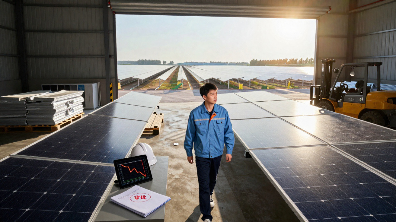 Mann in blauer Arbeitsjacke geht in Lagerhalle mit Solarpanels und Tablet mit fallender Grafik auf Tisch.