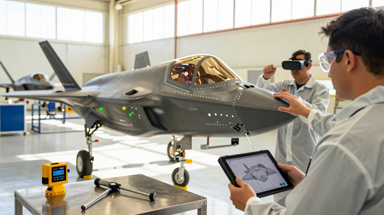 Ingenieure prüfen mit VR-Brille und Tablet ein modernes Kampfflugzeugmodell in einer hellen Werkstatt.