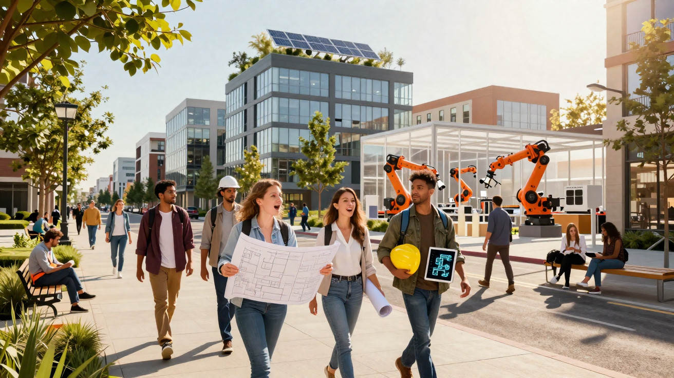 Menschen spazieren vor einem modernen Campus mit Solarpanelen und Industrierobotern bei sonnigem Wetter