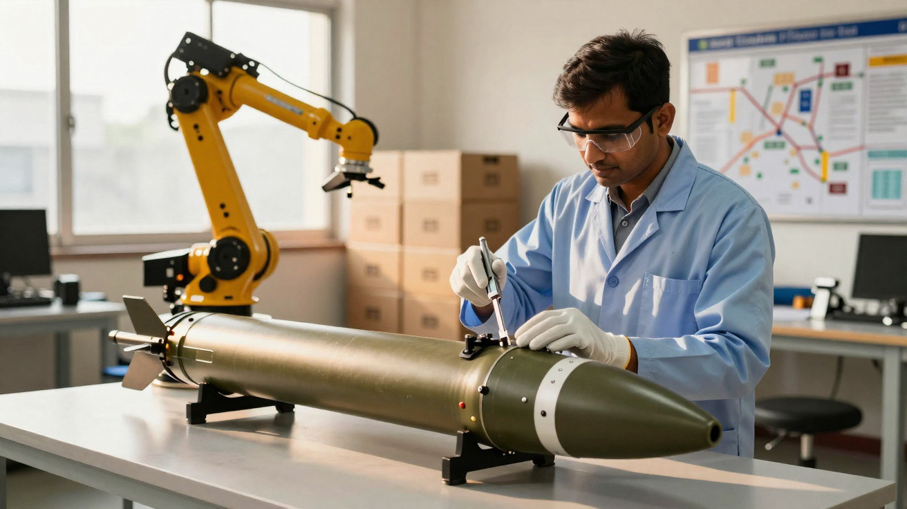 Ingenieur mit Schutzbrille arbeitet an einer grossen Rakete im Labor mit gelbem Roboterarm im Hintergrund.