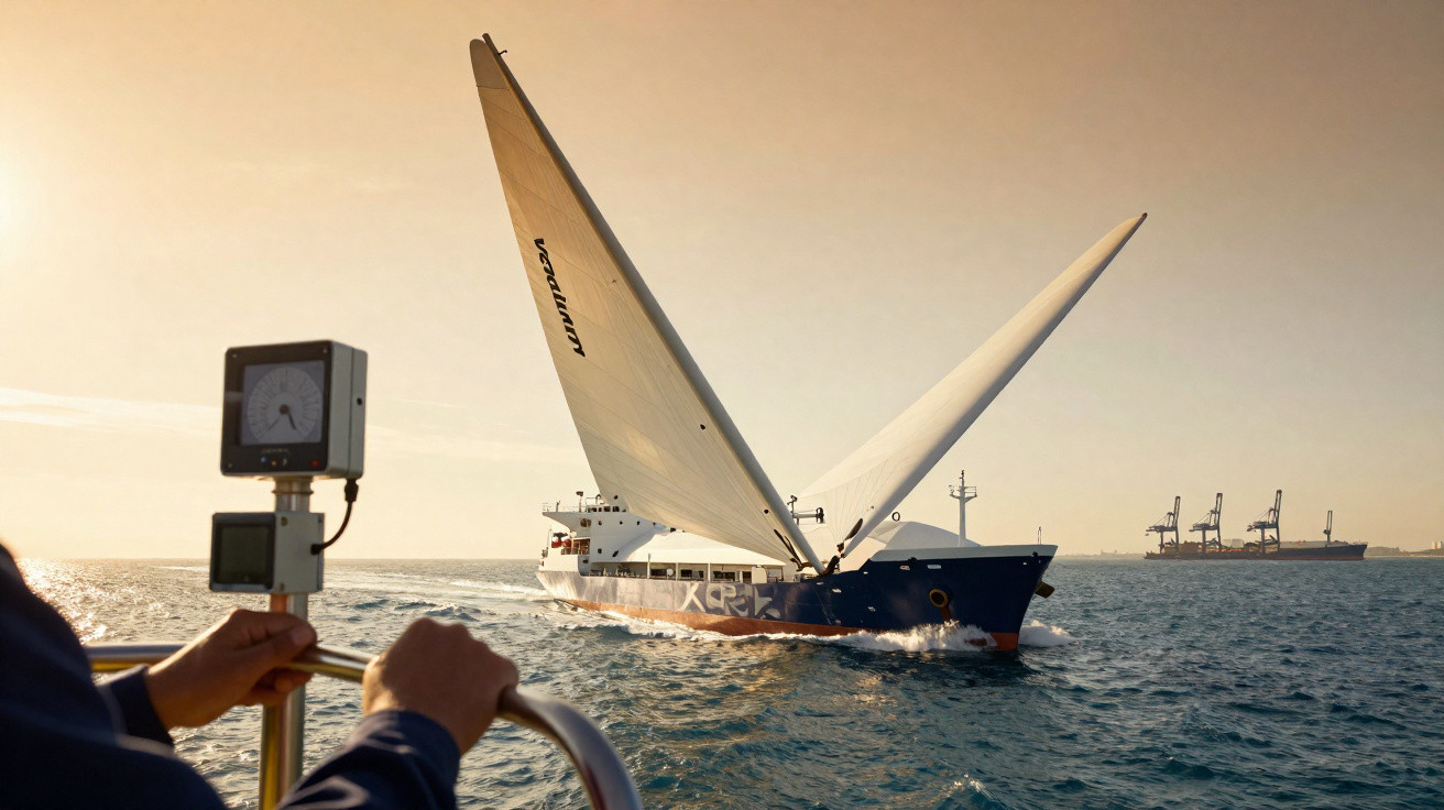 Segelschiff mit zwei grossen Segeln auf dem Meer bei Sonnenuntergang, Sicht vom Steuerstand.