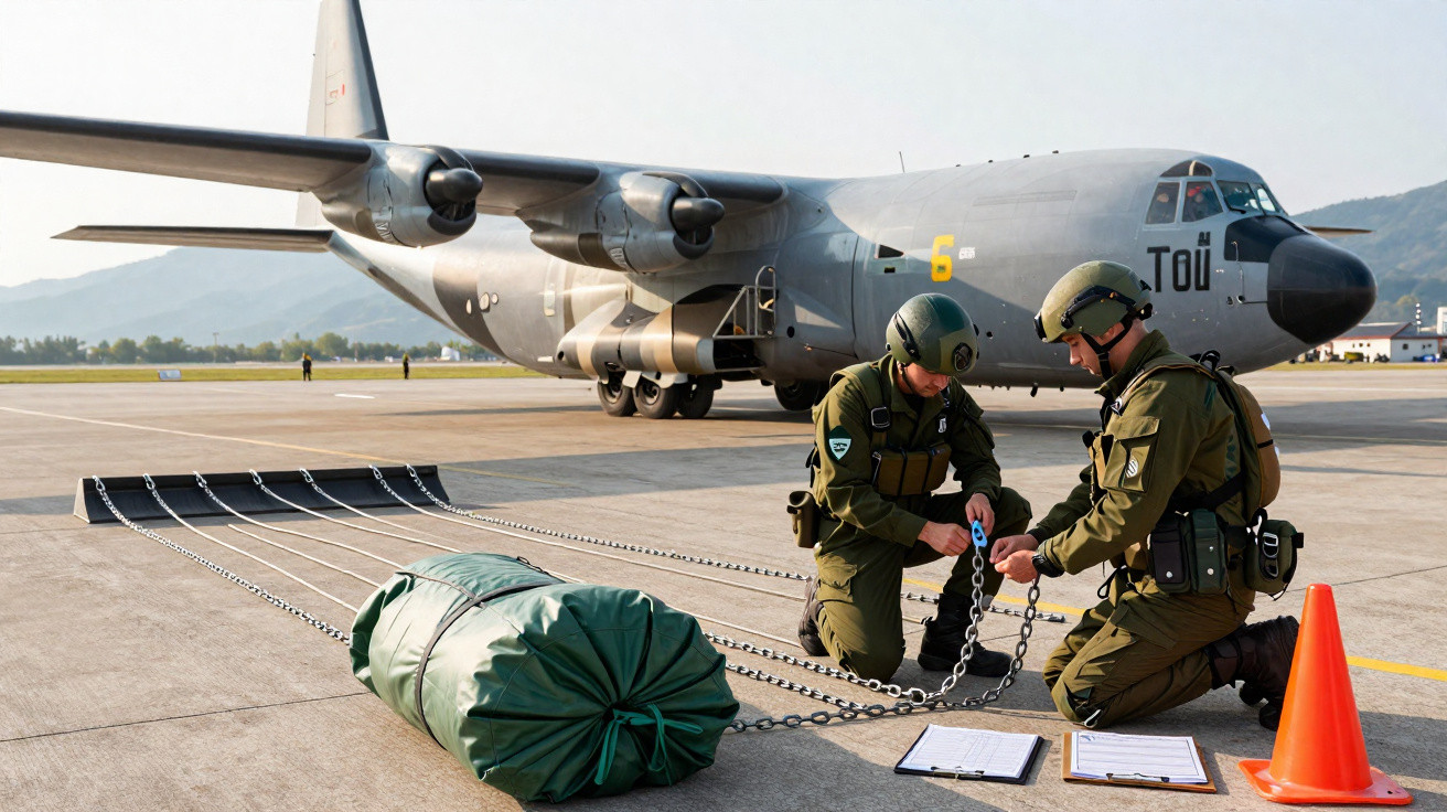 Zwei Soldaten in Uniform mit Ketten und Ausrüstung vor einem Militärflugzeug auf dem Flugplatz.
