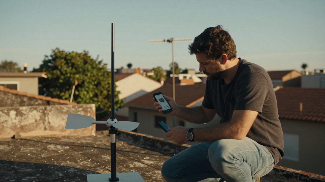 Mann testet Windmesser auf einem Dach mit zwei Smartphones bei klarem Himmel.