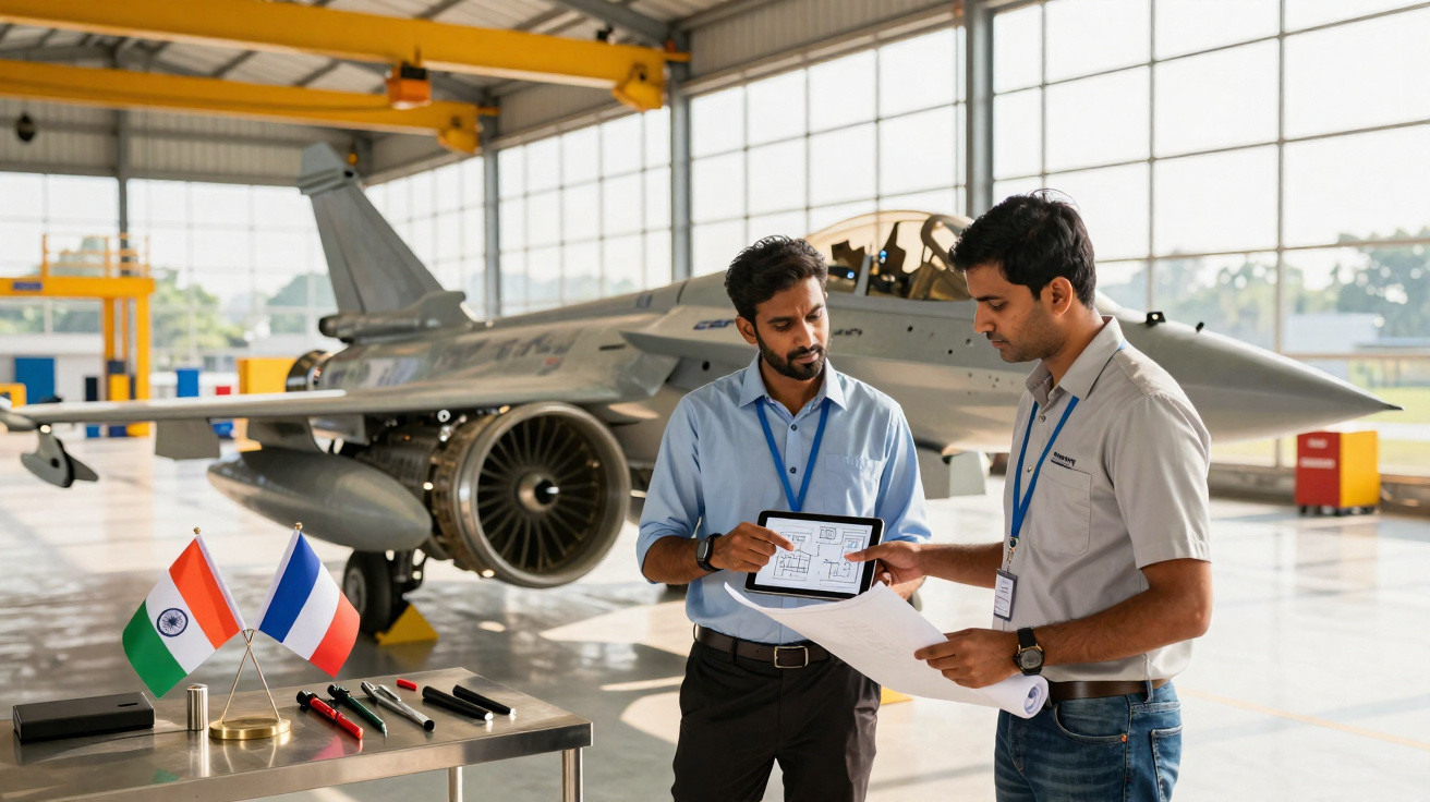 Zwei Ingenieure besprechen Konstruktionspläne vor einem Militärjet in einer hellen Flugzeughalle.