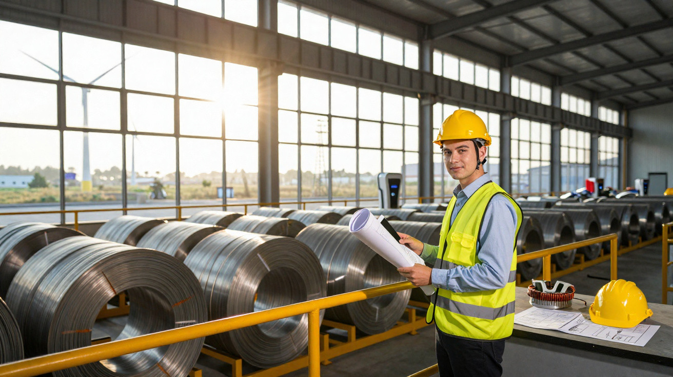 Ingenieur mit Schutzhelm und Warnweste überprüft Stahlcoils in einer hellen Fabrikhalle bei Sonnenlicht.