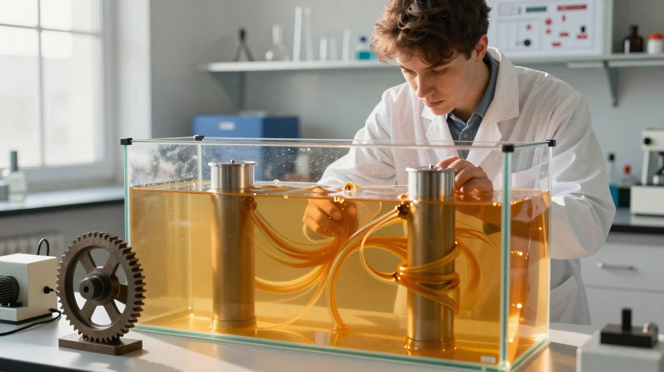 Wissenschaftler im Labormantel untersucht Apparatur mit gelber Flüssigkeit und Rohren in Glasbehälter im Labor.