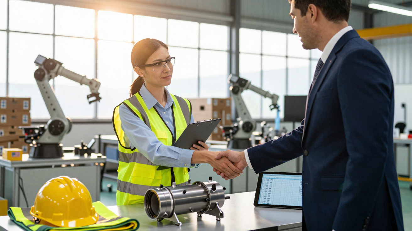Frau mit Schutzweste schüttelt Mann im Anzug in moderner Fabrikhalle die Hand.
