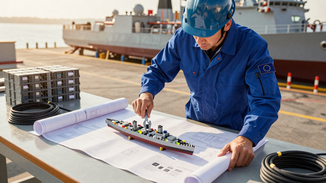 Ingenieur mit Helm überprüft Schiffmodell und technische Pläne am Hafen mit Schiff im Hintergrund.