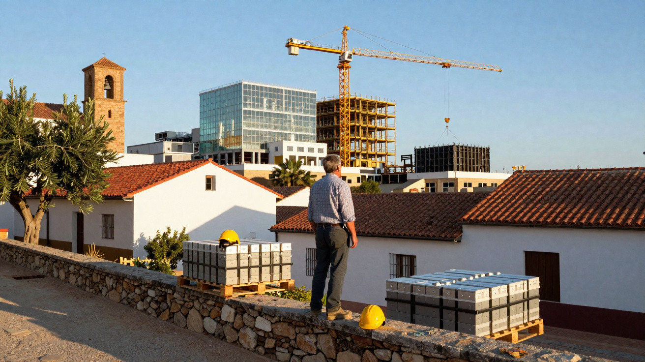 Mann steht auf Steinmauer, blickt auf Baustelle mit Kran und modernen Gebäuden, sonniger Himmel.