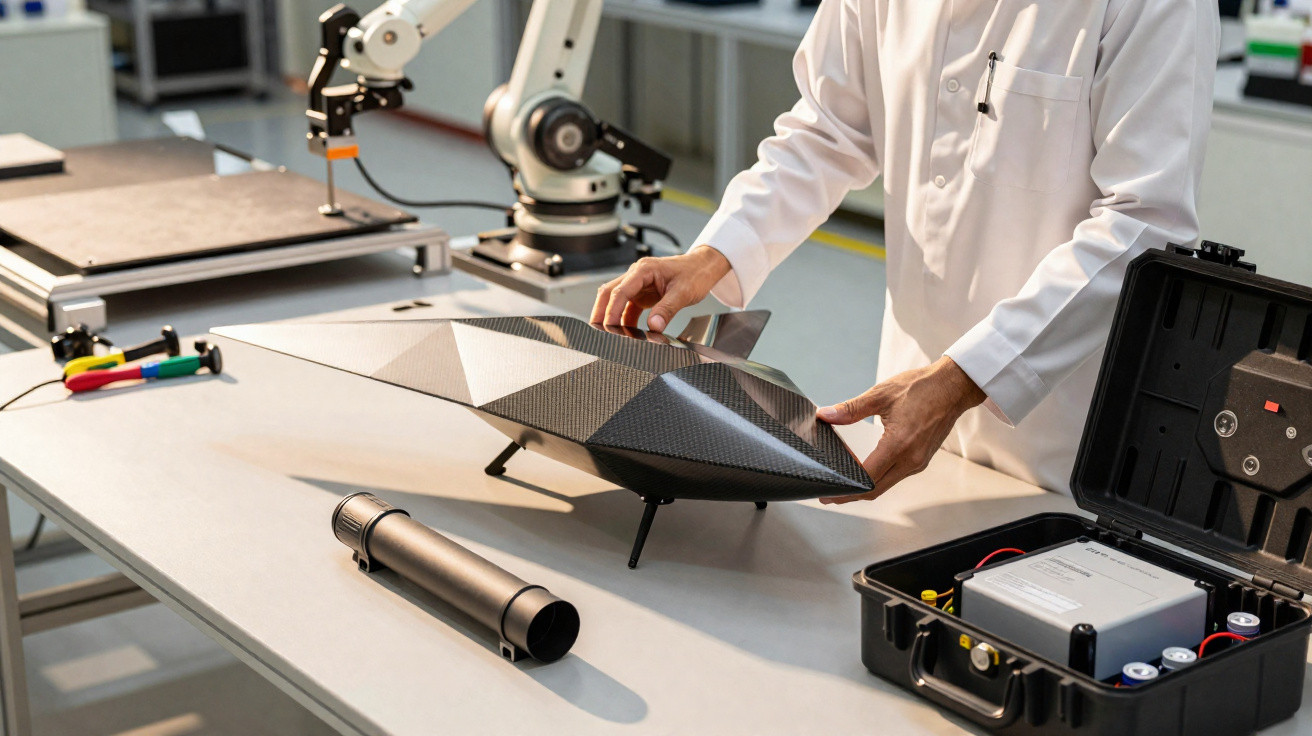 Forschende Person im Labor baut Drohnenmodell aus schwarzem Karbonfaser-Material auf einem Tisch zusammen.