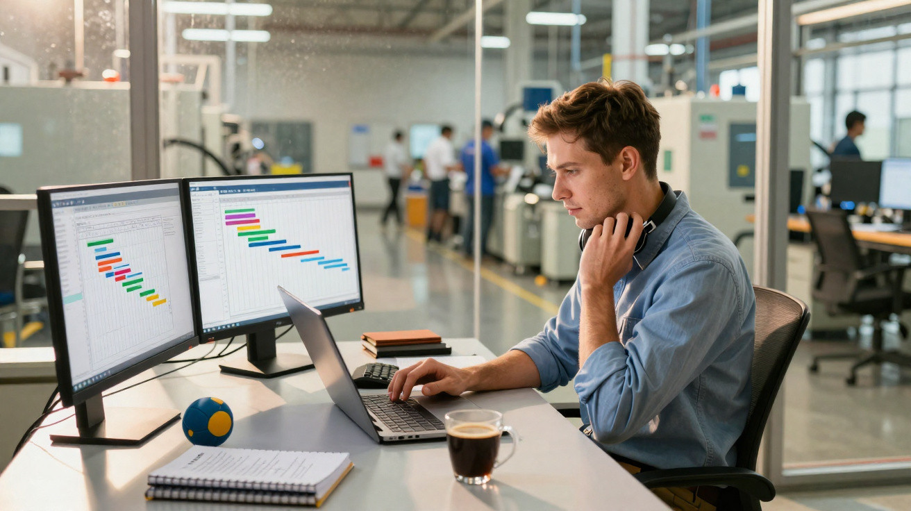 Junger Mann arbeitet konzentriert an Laptop mit zwei Monitoren, zeigt bunte Gantt-Diagramme in hellem Büro.