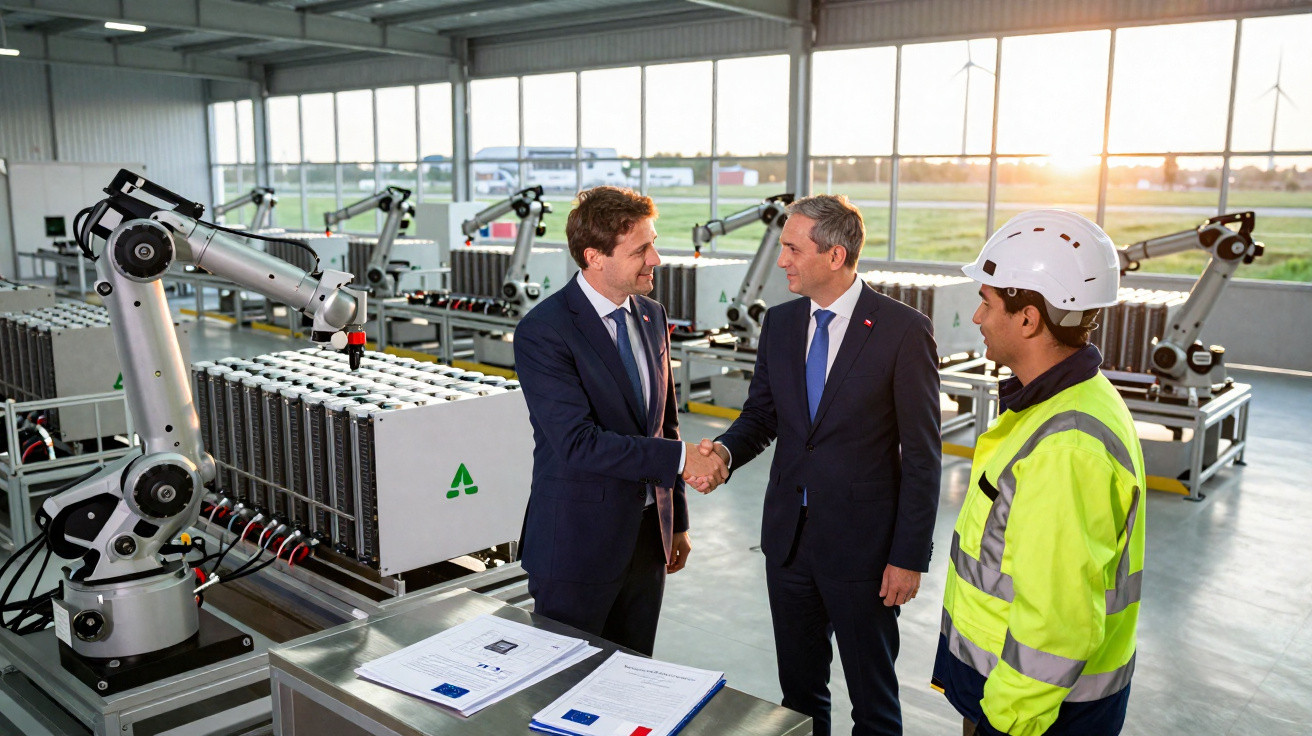 Zwei Männer im Anzug schütteln sich die Hand in Fabrik mit Roboterarmen, Arbeiter in Schutzhelm dabei.