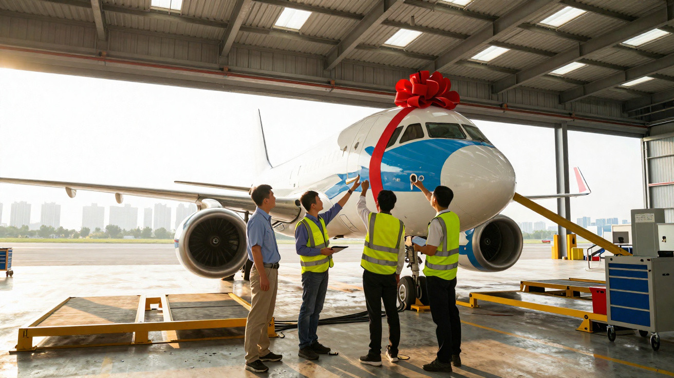 Flugzeug in Hangar mit grosser roter Schleife, vier Personen tragen Sicherheitswesten und inspizieren das Flugzeug.