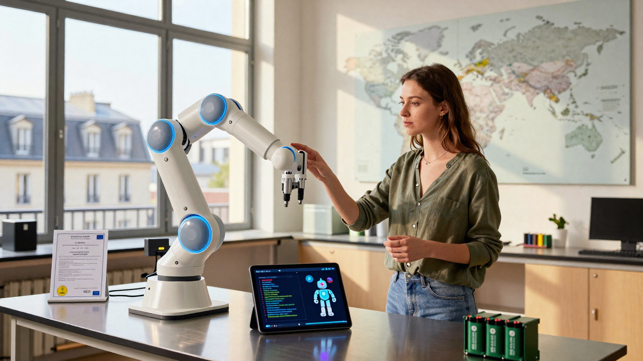 Frau bedient Roboterarm in modernem Labor mit Tablet und Weltkarte im Hintergrund.
