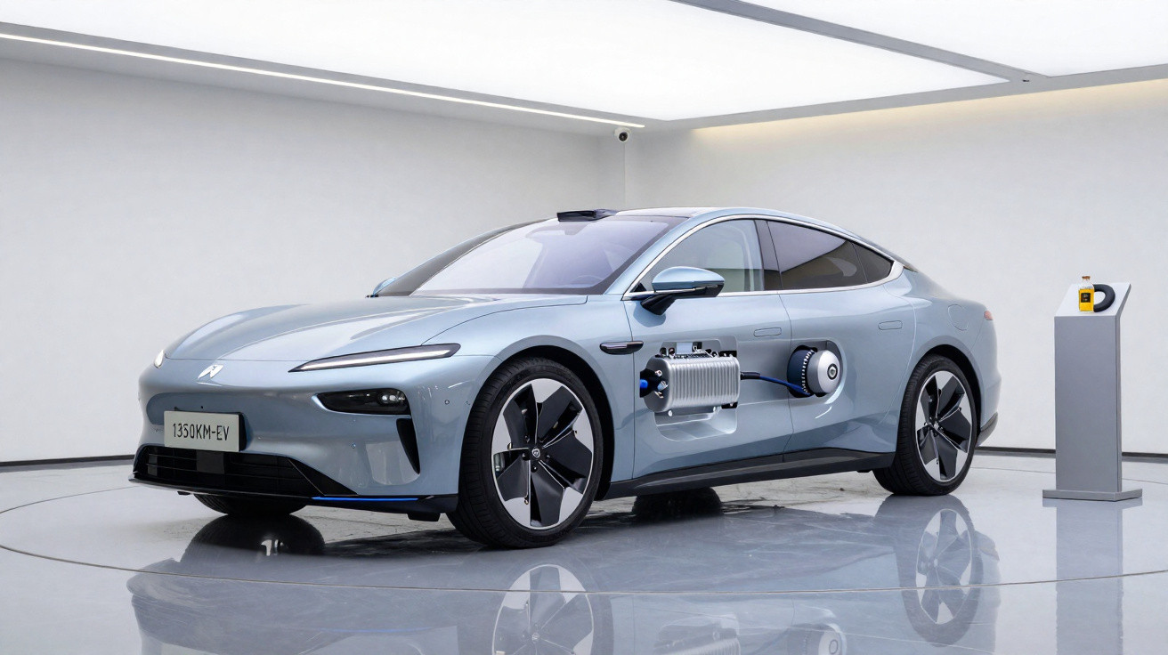 Blaues Elektroauto in Präsentationsraum mit sichtbarem Schnittmodell des Antriebsstrangs und Batterie