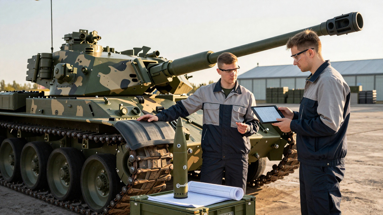 Zwei Männer mit Schutzbrillen prüfen Munition vor einem Tarnpanzer auf einem militärischen Übungsgelände.