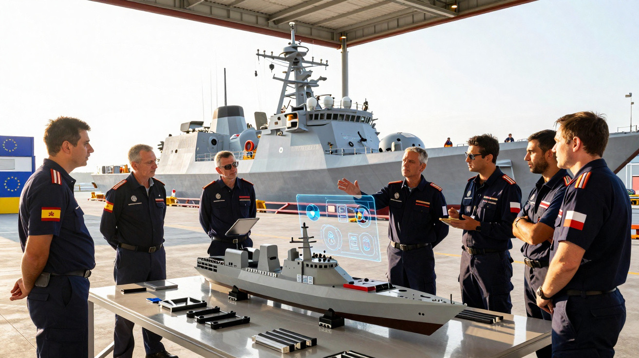 Sechs Marineoffiziere besprechen vor einem Kriegsschiff ein Modell und eine digitale Anzeige unter einem Hafenüberdach.
