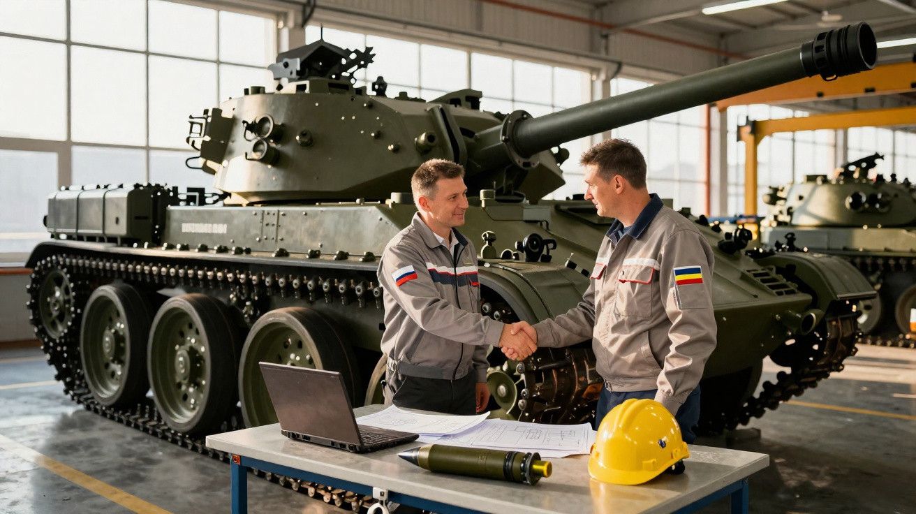 Zwei Männer schütteln Hände vor einem Panzer in einer Werkstatt mit Laptop, Helm und Munition auf dem Tisch.