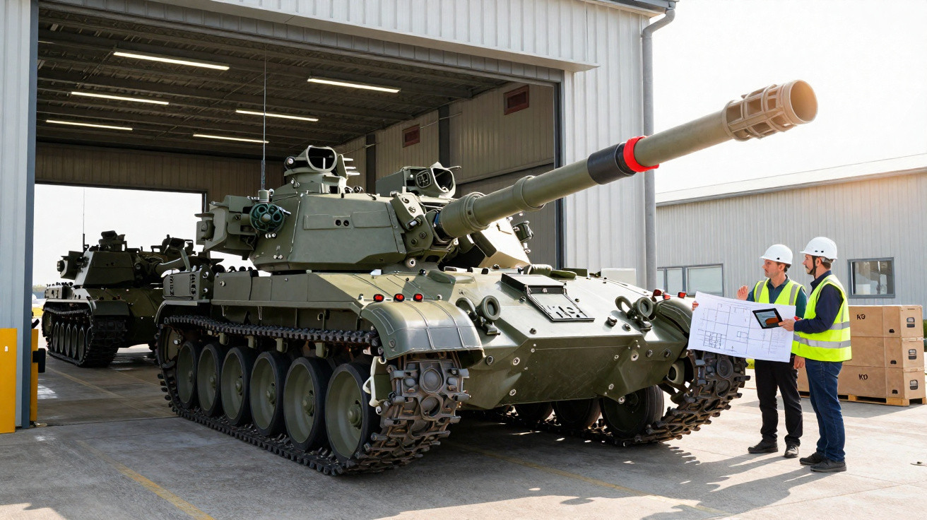 Zwei Ingenieure prüfen Pläne vor einem modernen Panzer, der aus einer Halle fährt.