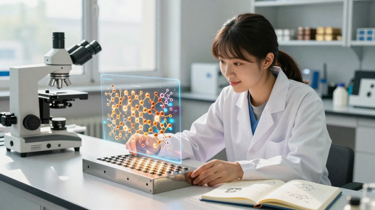 Wissenschaftlerin im Labor analysiert digitale Molekülstruktur auf holografischem Display mit Mikroskop und Fachbuch.