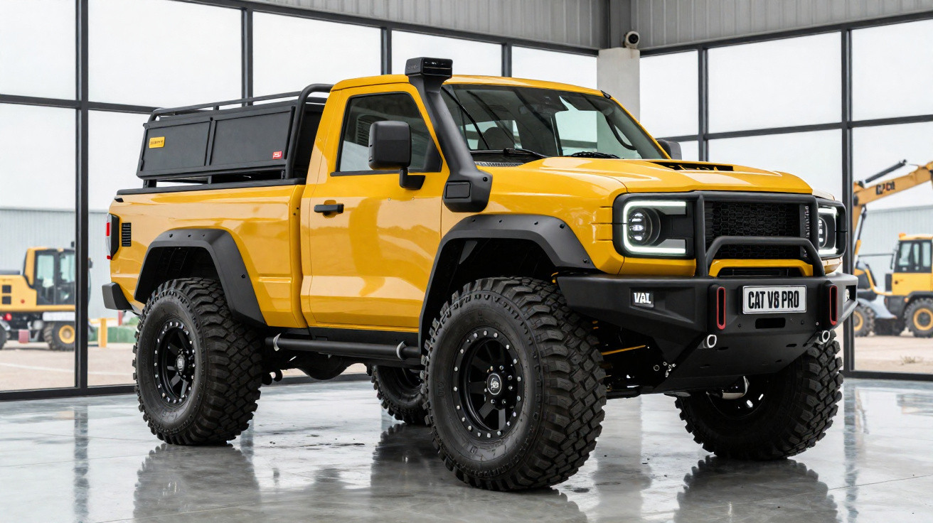 Gelber CAT V8 Pro Offroad-Pickup mit grossen Reifen in moderner Industriehalle.