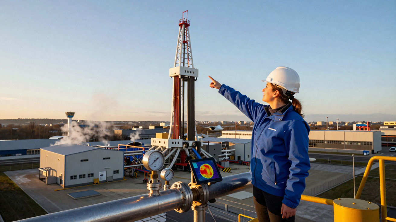 Frau mit Helm zeigt auf Bohrturm in Industrieanlage bei Sonnenuntergang.