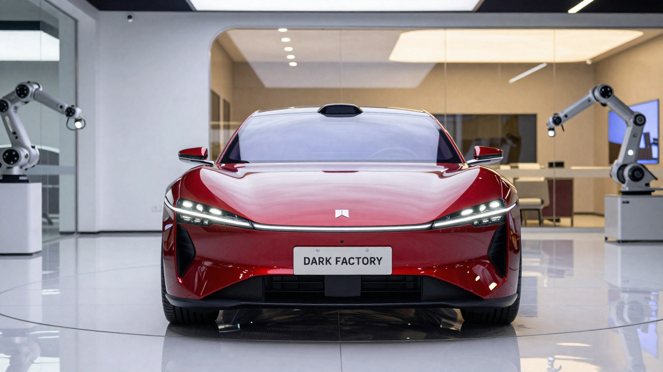 Rotes Elektroauto mit schlankem Design und LED-Scheinwerfern in modernem Showroom mit Industrierobotern.