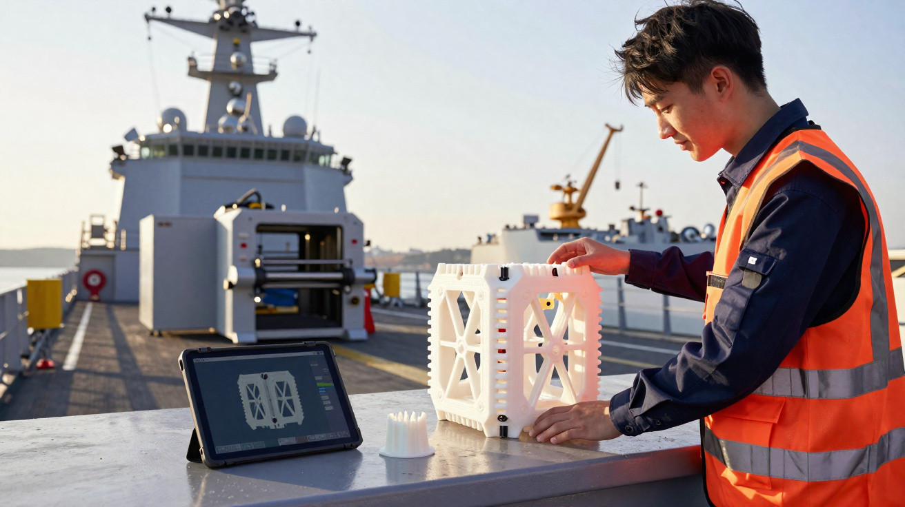 Mann mit Warnweste arbeitet auf Schiff mit 3D-Modell und Tablet bei Sonnenuntergang.
