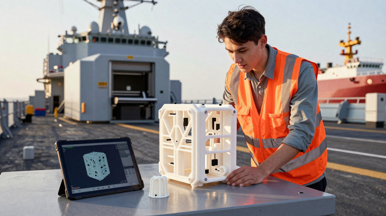 Junger Mann mit oranger Sicherheitsweste untersucht ein technisches Modell auf einem Schiff, Tablet zeigt 3D-CAD-Design.