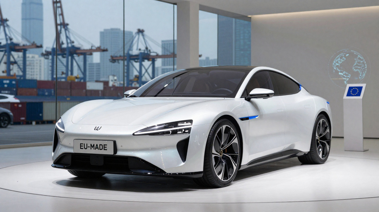 Weisses Elektroauto mit EU-Kennzeichen in modernem Showroom vor Hafenkulisse und digitaler EU-Weltkarte.